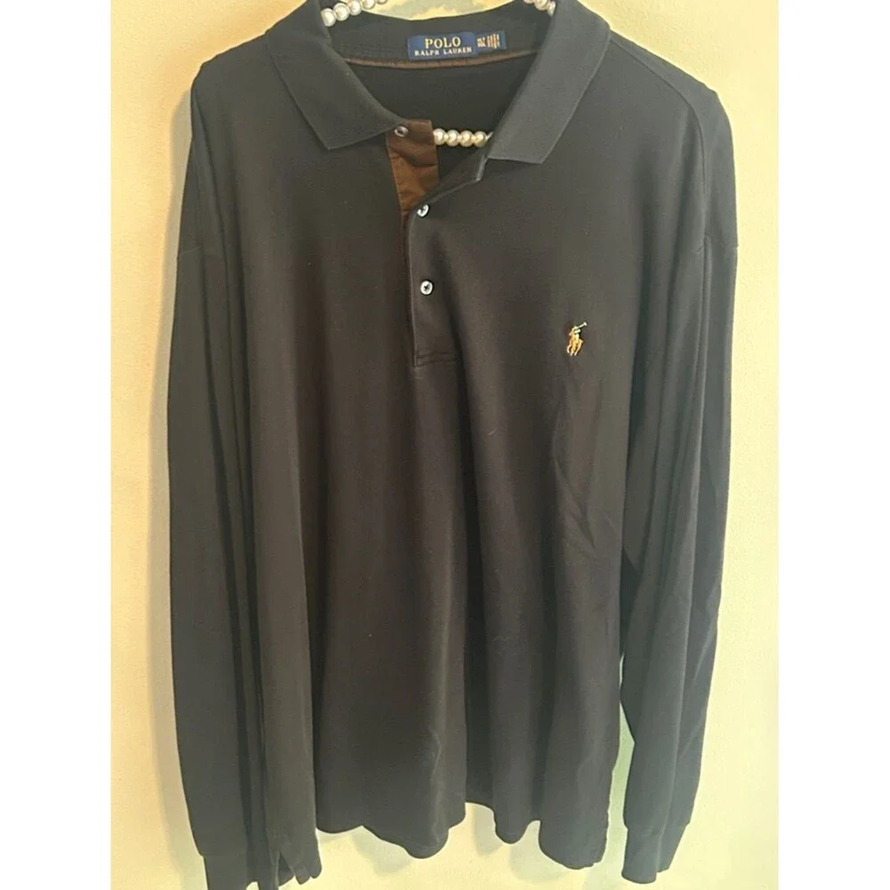 Polo Ralph Lauren Long Sleeve Polo Shirt XLT Black Brown Trim